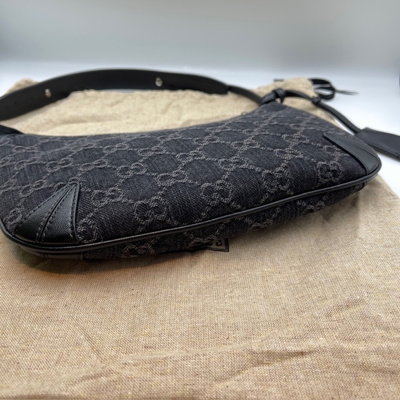 NEW GUCCI Jacquard Black Denim GG Monogram silver Horsebit Shoulder Bag Black - Picture 8 of 16